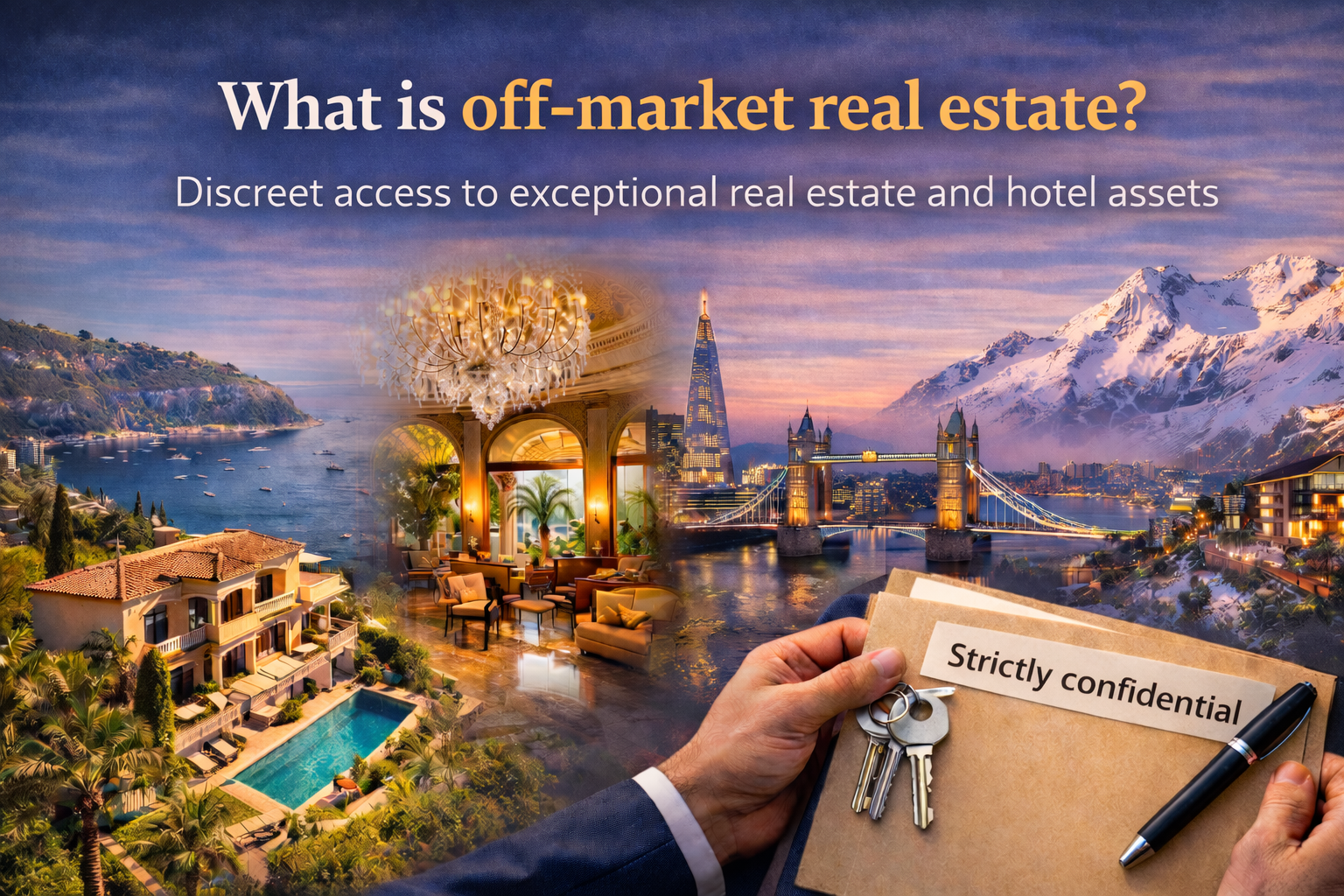 Aerial view of Saint-Jean-Cap-Ferrat on the French Riviera, showing a lush peninsula surrounded by the Mediterranean Sea, luxury villas and yachts, with text introducing off-market real estate and hospitality assets.