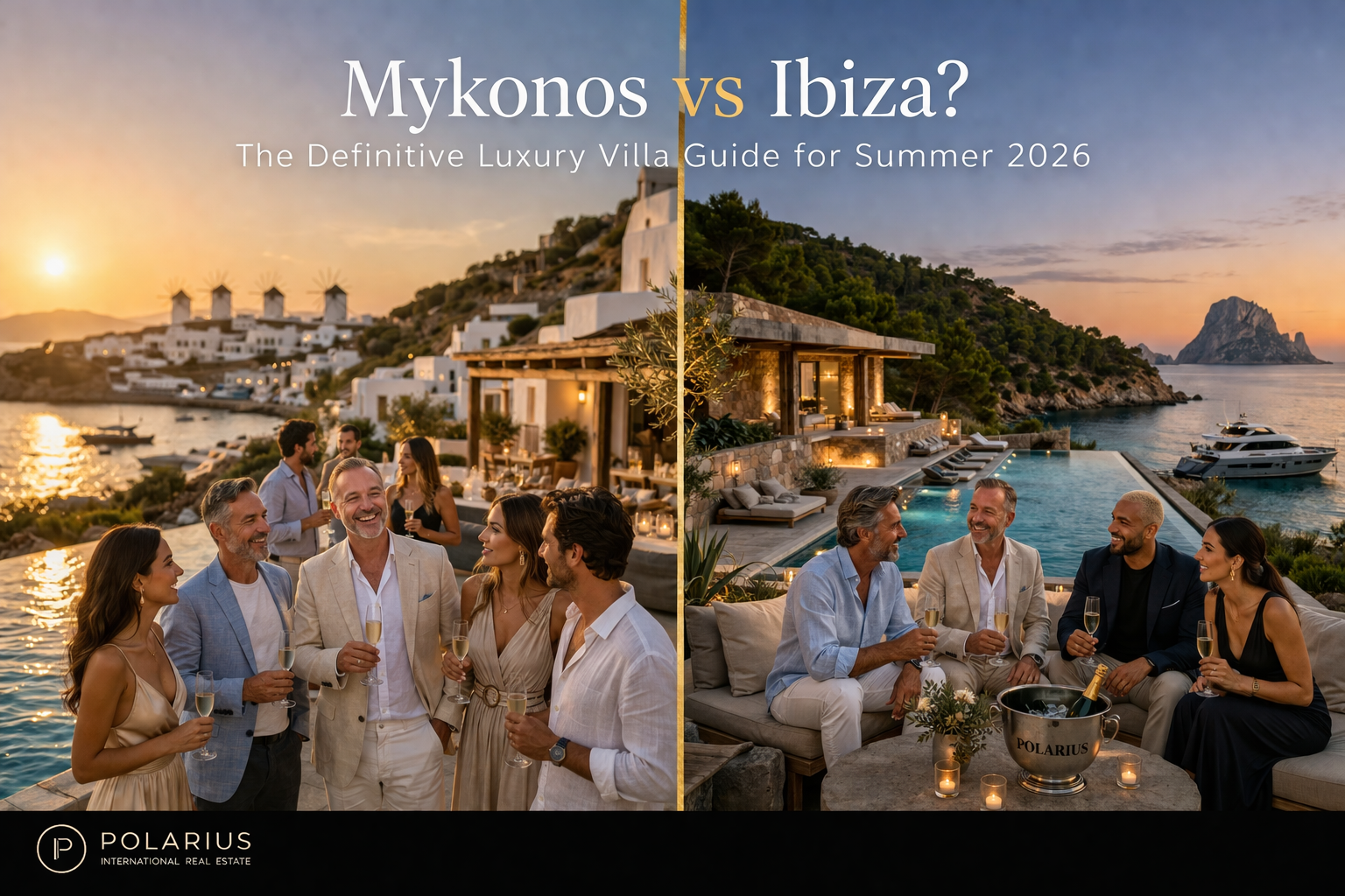 Mykonos luxury villa with infinity pool overlooking the Aegean Sea alongside an Ibiza villa with panoramic Mediterranean sea views — Polarius International Real Estate Summer 2026 guide